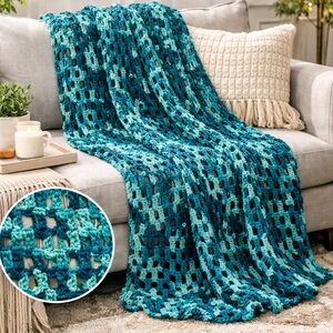 Handmade Crochet Throw Blanket Teal Aqua Variegated Open Weave Sofa Wrap